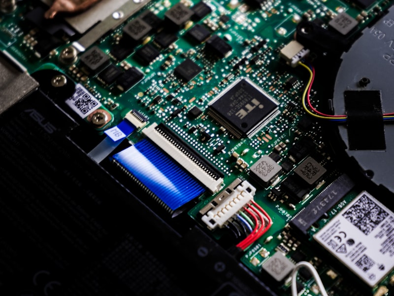 Close-up of network hardware and circuitry